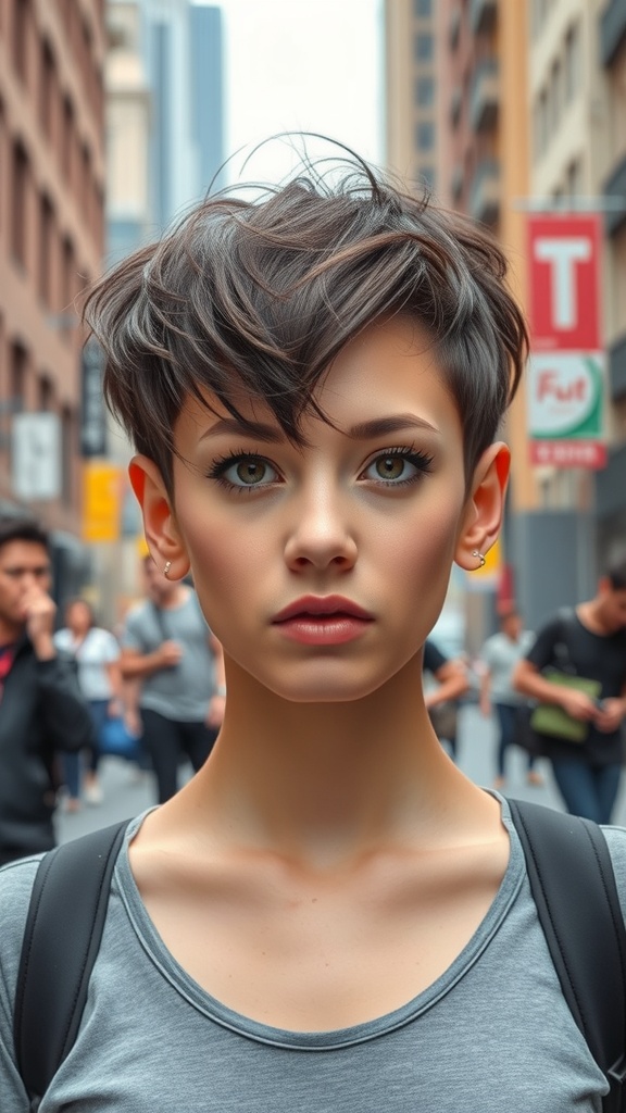 A person with a bold shag haircut featuring uneven bangs, standing in an urban setting.