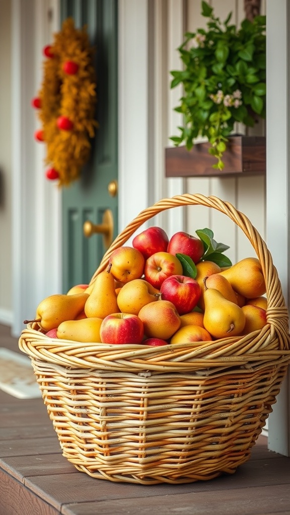 A wicker basket filled with red apples and yellow pears, placed on a porch with a green door and a fall wreath.
