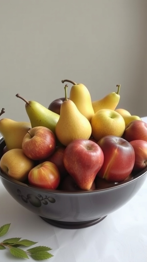 A bowl filled with red and yellow apples and pears, displayed on a table.