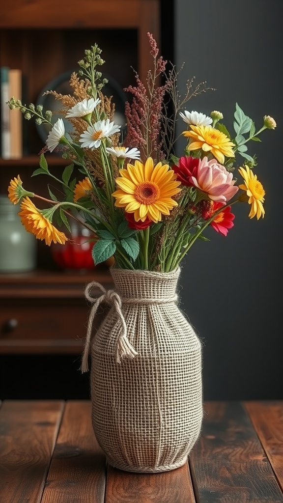 A burlap-wrapped vase filled with colorful flowers, including sunflowers and daisies, on a wooden table.