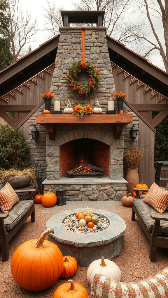 A charming outdoor fireplace made of stone, surrounded by pumpkins and cozy seating, creating a warm fall atmosphere.
