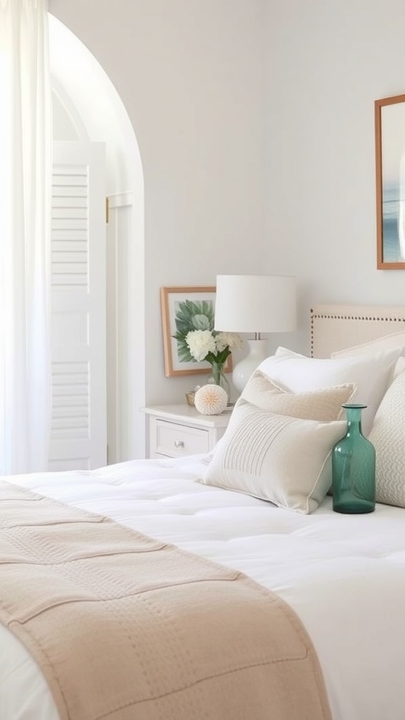 A cozy coastal bedroom featuring soft bedding, a turquoise vase, and light-colored decor.