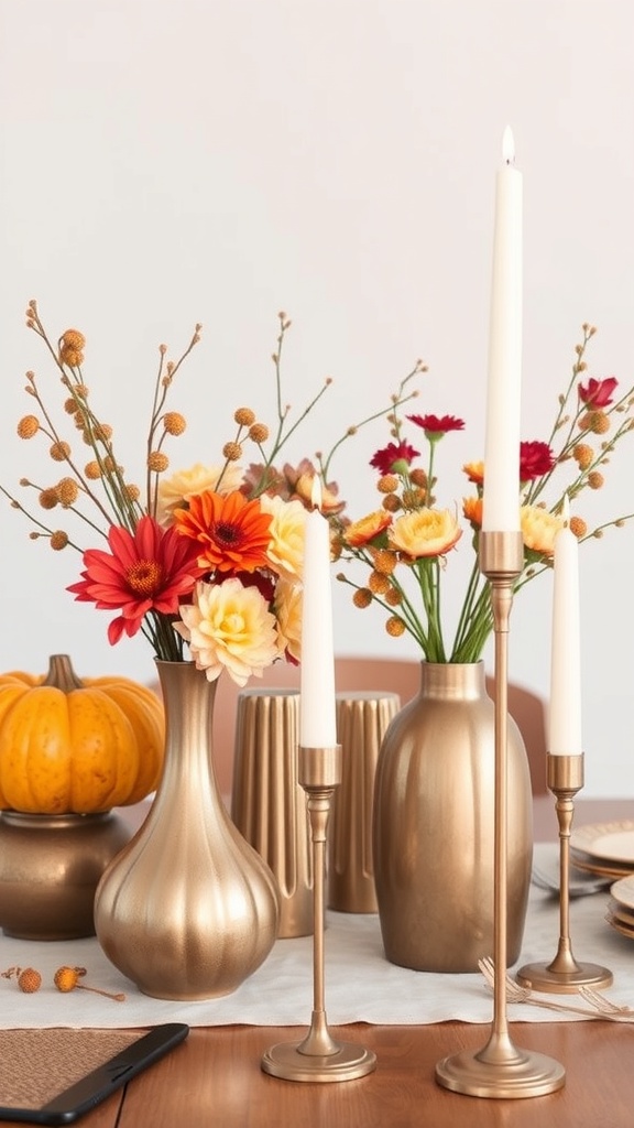 Thanksgiving centerpiece with metallic vases, flowers, and candles