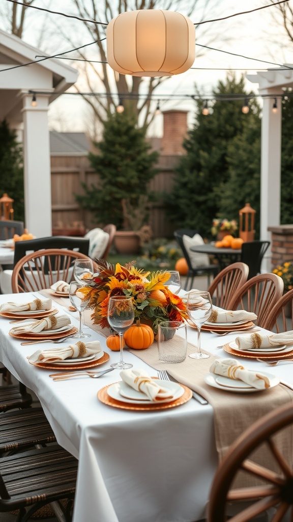 Chic outdoor table setting for fall with floral centerpiece and pumpkins