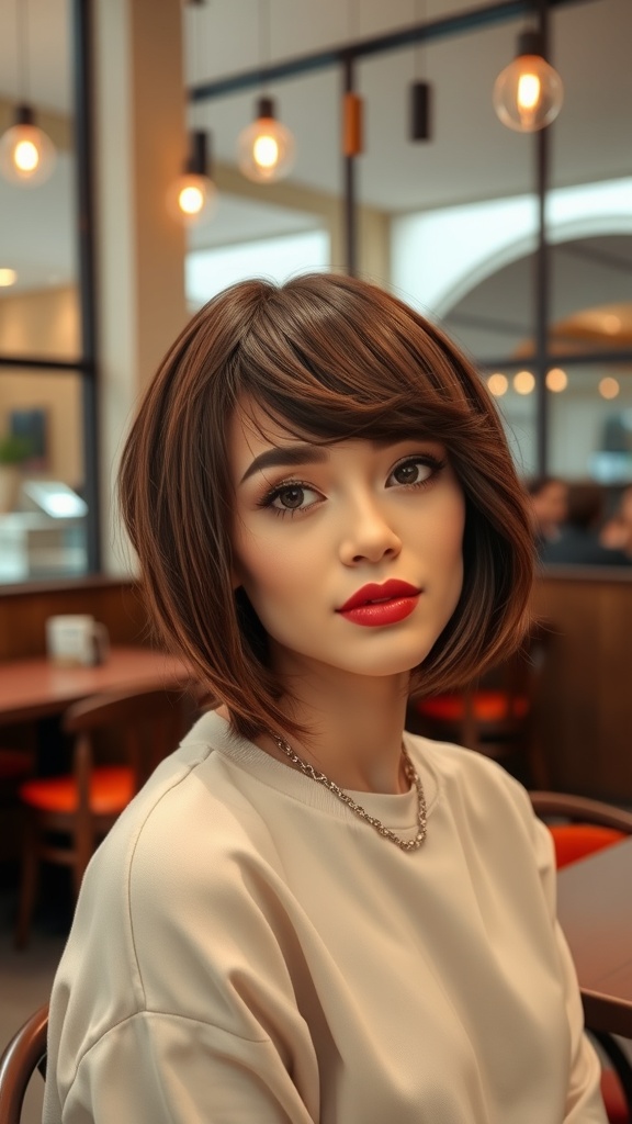 A woman with a chic shag haircut and side-swept bangs, wearing a neutral top and bold red lipstick, sitting in a stylish cafe.