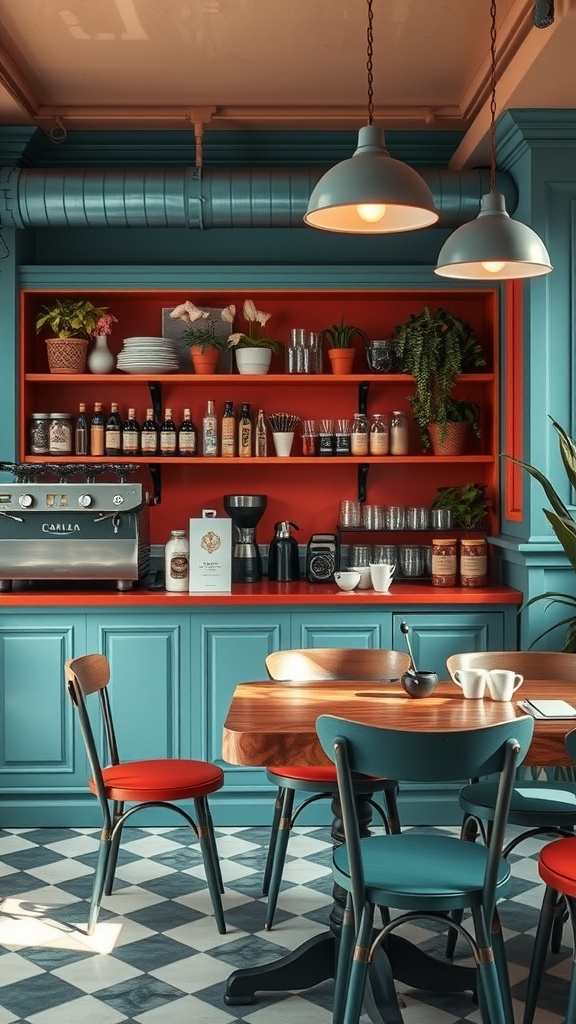 A vibrant coffee bar featuring teal and coral colors, with plants and coffee equipment.