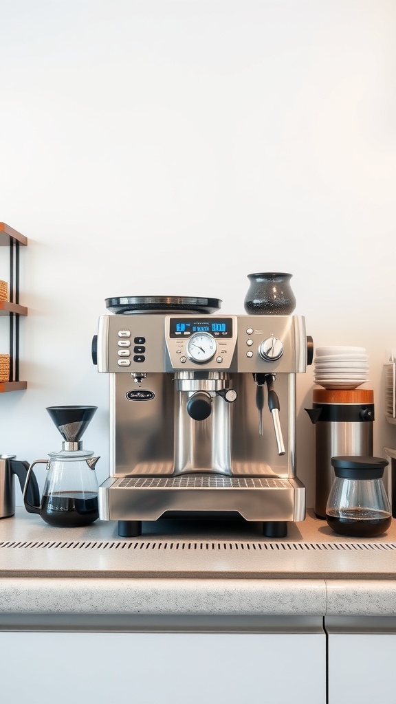 A modern stainless steel espresso machine with a digital display, surrounded by coffee accessories on a countertop.