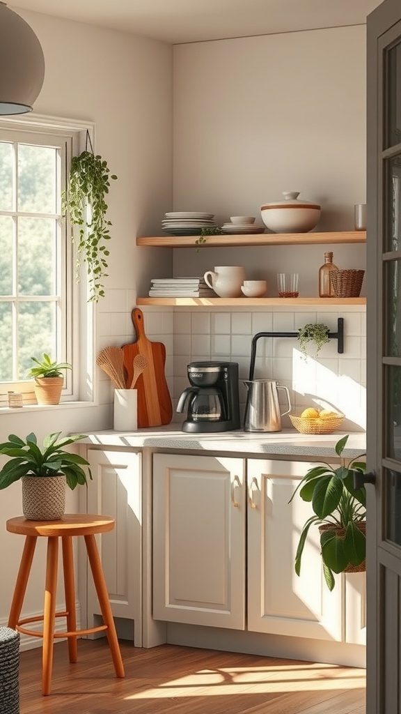 A cozy coffee bar setup in a kitchen corner with a coffee maker, fruits, and plants.