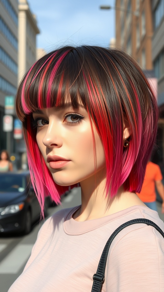 A young woman with a choppy shag haircut featuring blunt bangs and vibrant pink highlights, standing in an urban environment.