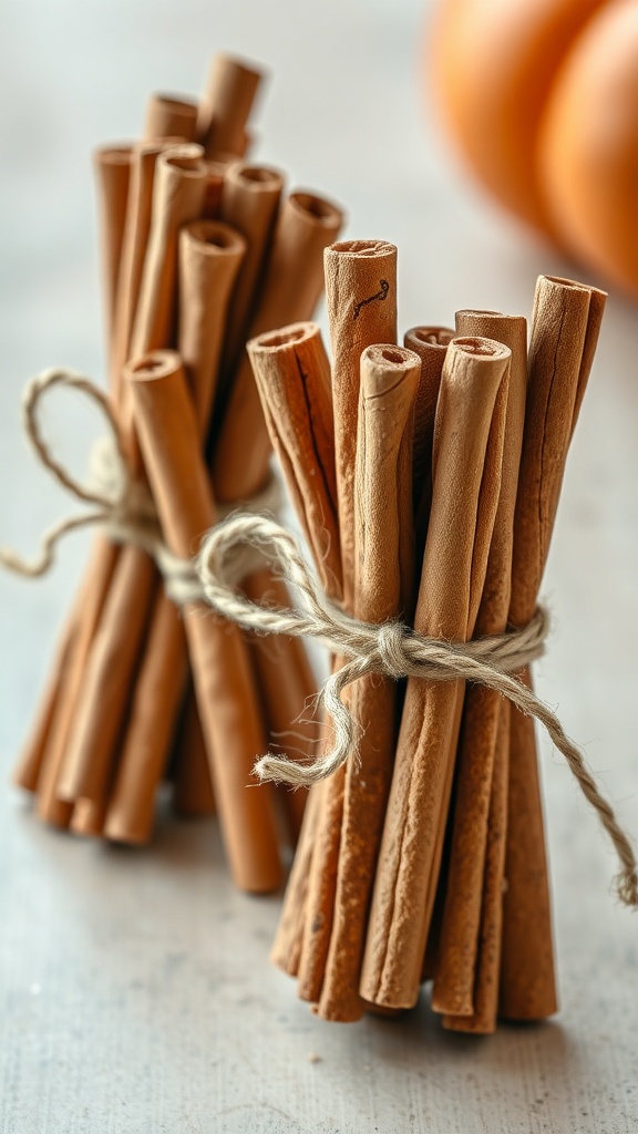Bundles of cinnamon sticks tied with twine on a table