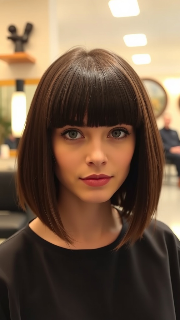 A woman with a classic shag haircut featuring long, straight bangs, looking stylish in a salon setting.