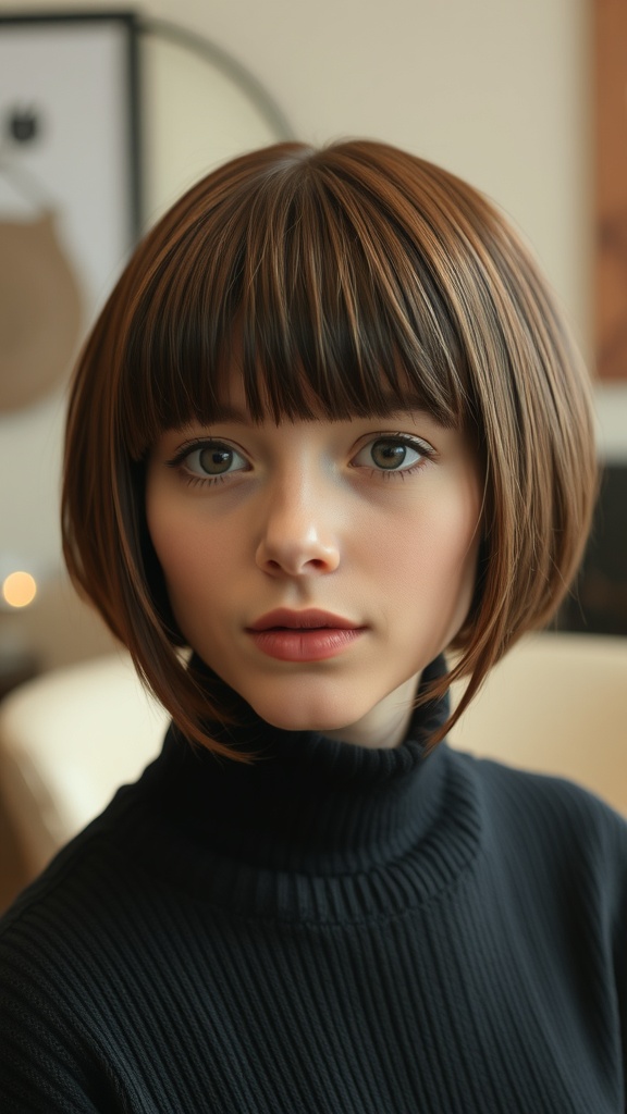 A model with a classic shag haircut featuring straight bangs, showcasing a warm hair color and a stylish look.