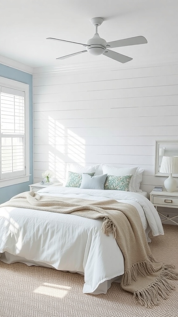 A bright coastal bedroom featuring shiplap walls, a light blue accent wall, and soft textiles.