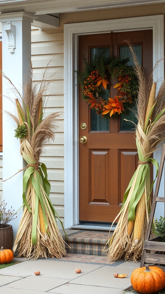 Colorful cornstalk bundles flanking a front door with a seasonal wreath and pumpkins