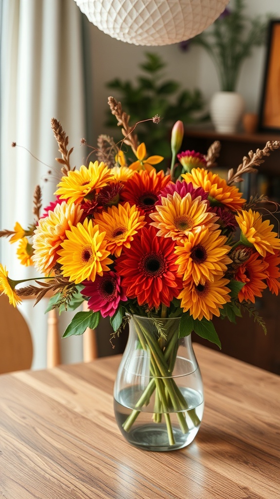 A colorful fall flower bouquet with orange and yellow gerbera daisies in a clear vase on a wooden table.