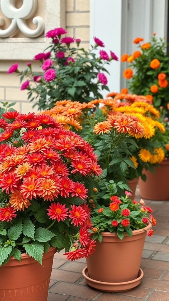 Colorful flower pots with vibrant blooms in shades of orange, red, and yellow on a porch.