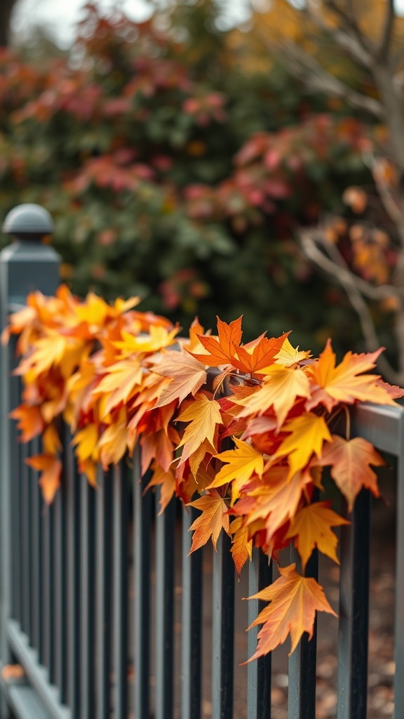 A colorful garland of autumn leaves draped over a black fence, with blurred foliage in the background.