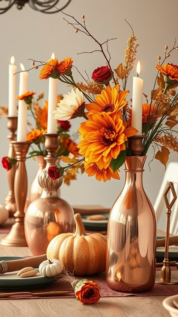 A Thanksgiving table centerpiece featuring copper vases, candles, and vibrant flowers.