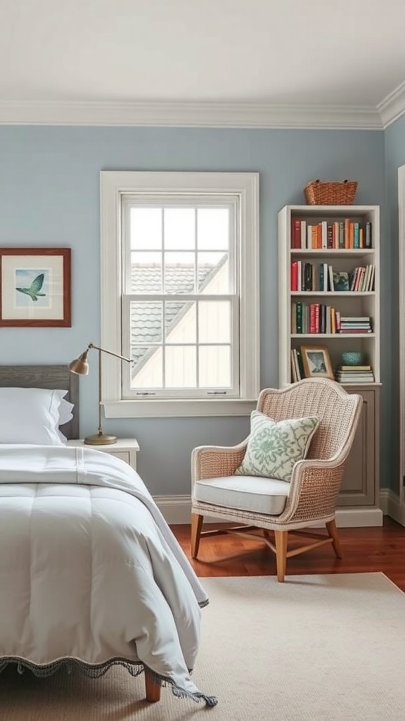 A cozy reading corner in a coastal bedroom with a comfortable chair, bookshelf, and soft colors.