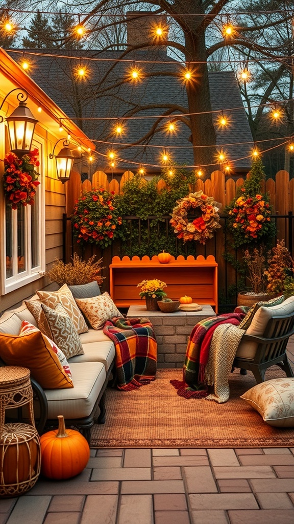 Cozy outdoor seating area decorated for fall with string lights, cushions, and pumpkins.