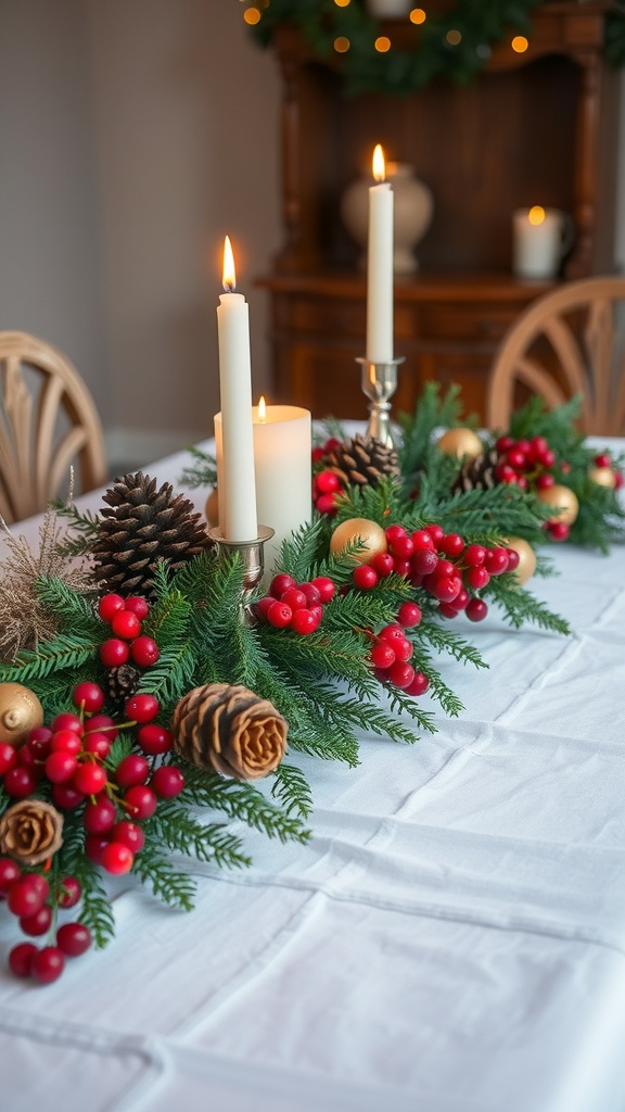 A Thanksgiving centerpiece featuring cranberries, pinecones, and candles on a table.