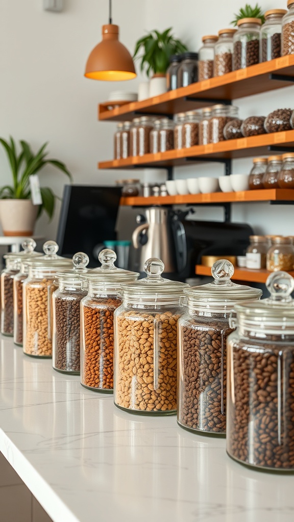 A coffee bar display featuring various jars of coffee beans on a shelf, with a clean countertop and plants in the background.
