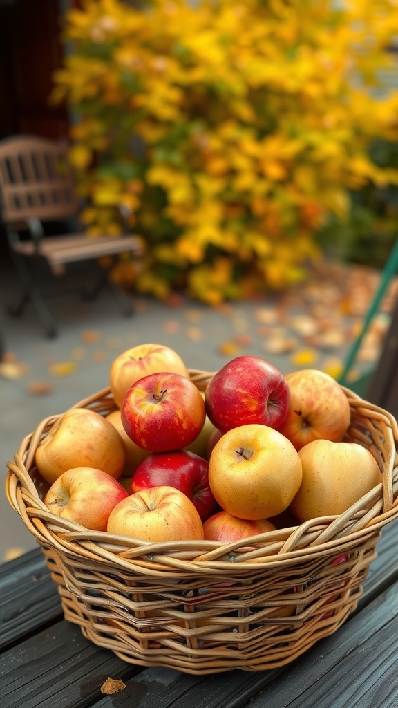 A basket filled with various apples in front of a backdrop of yellow autumn leaves.