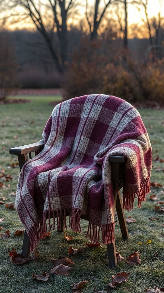 A cozy plaid blanket draped over a wooden chair in an autumn setting with fallen leaves.