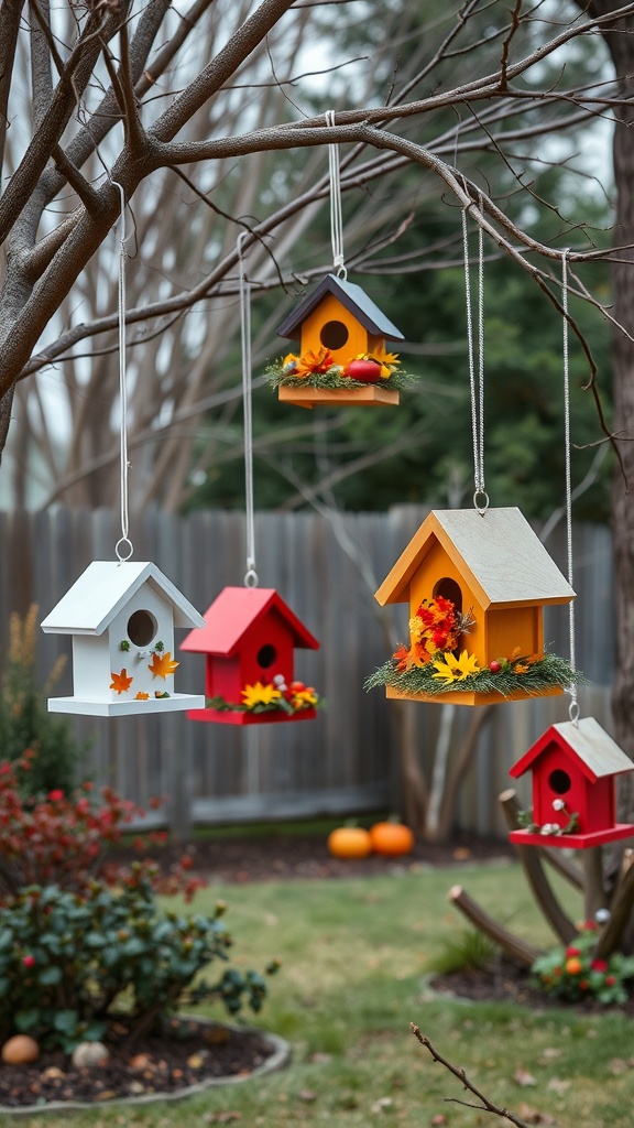 Colorful decorative birdhouses hanging from a tree, adorned with autumn leaves and small pumpkins.
