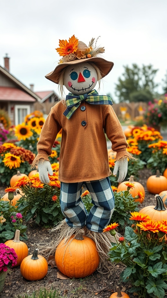 A cheerful scarecrow with a hat and colorful clothing standing among pumpkins and flowers.