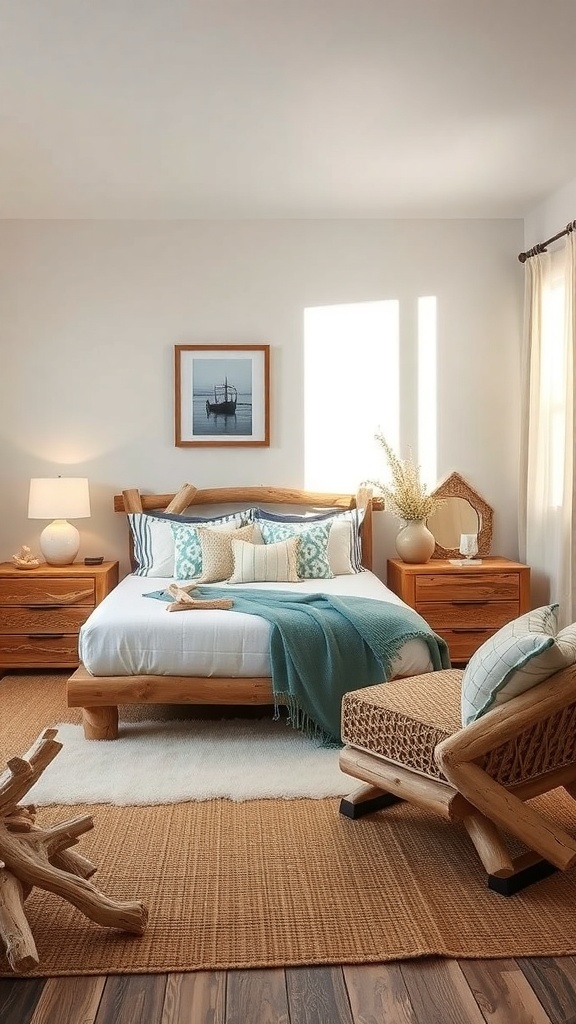 A coastal bedroom featuring driftwood accents, a wooden bed frame, and soft textiles.