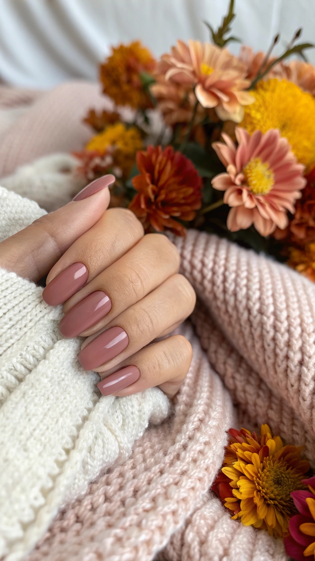 A hand with dusty rose nails resting on a knitted sweater, surrounded by autumn flowers.