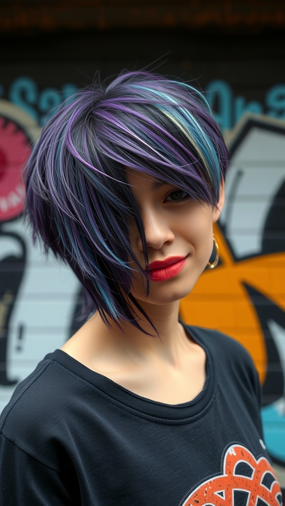 A person with an edgy shag haircut featuring asymmetrical bangs, showcasing vibrant purple and blue colors.