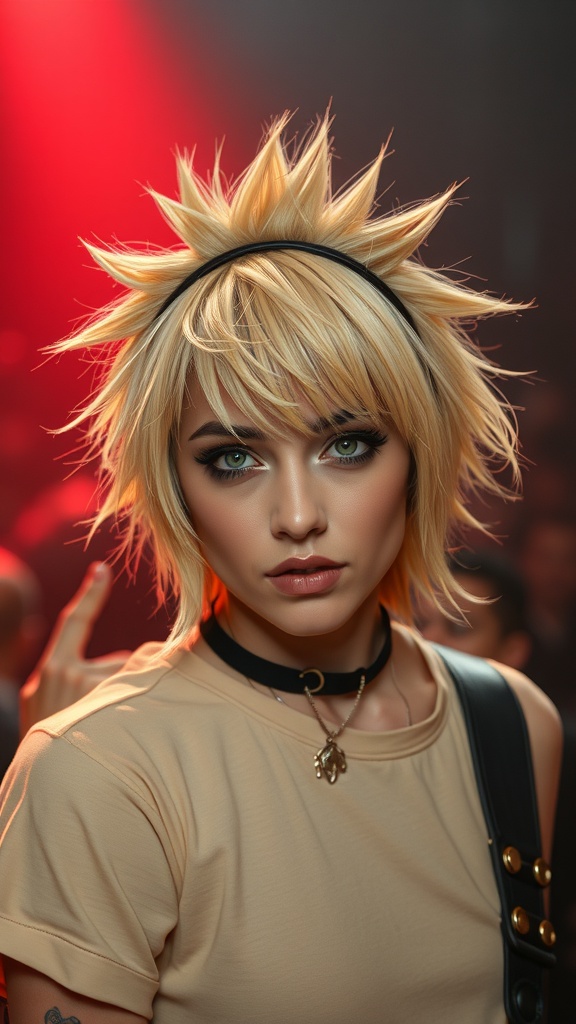 A person with spiky blonde shag haircut and headband, showcasing an edgy hairstyle.