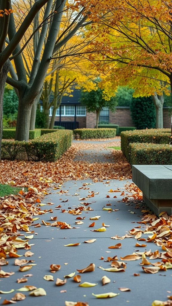 A pathway covered with fallen leaves, lined by trees with autumn foliage.