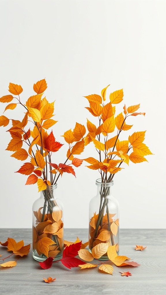Two glass vases filled with colorful autumn leaves on a wooden table.