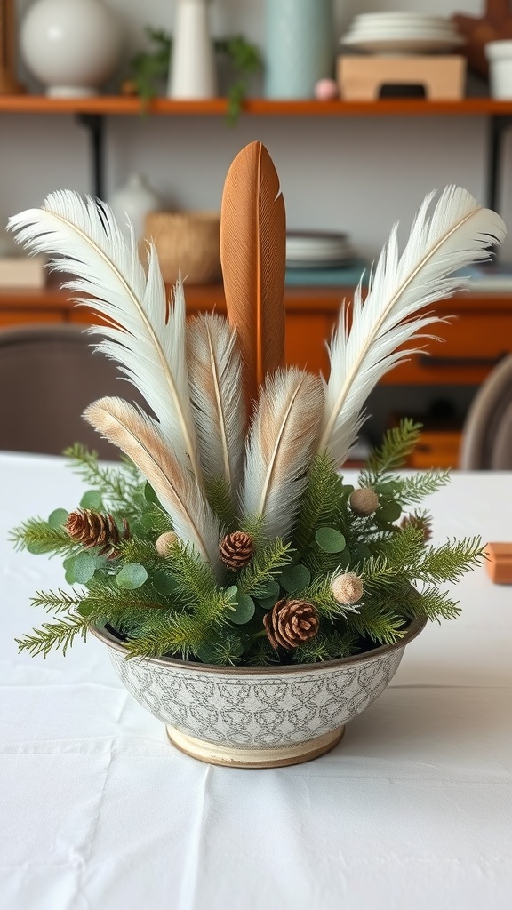 A beautiful Thanksgiving centerpiece featuring feathers, pine branches, and pinecones arranged in a decorative bowl.