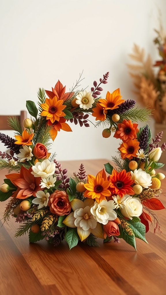A colorful floral wreath centerpiece featuring sunflowers, roses, and greenery on a wooden table.