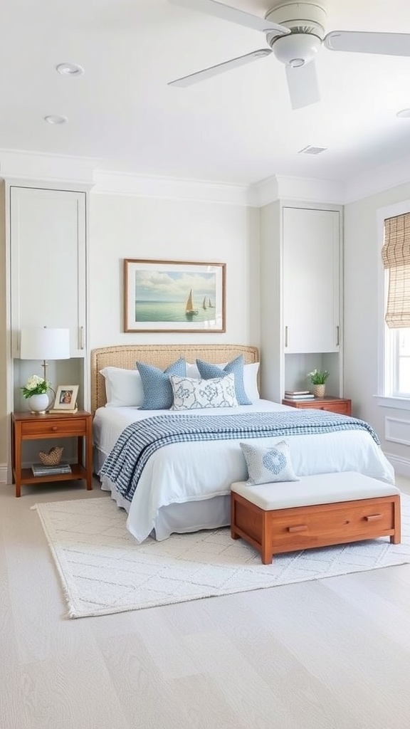A coastal bedroom featuring a bed with blue and white bedding, wooden nightstands, and built-in storage cabinets.