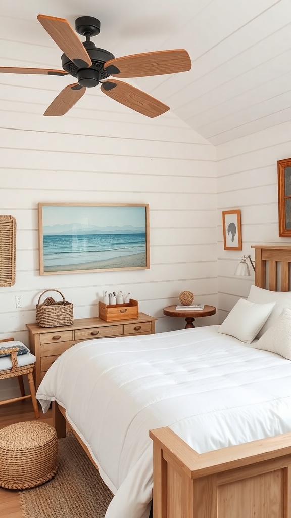 A coastal bedroom featuring light wood furniture, a white bedspread, a ceiling fan, and ocean-themed artwork.
