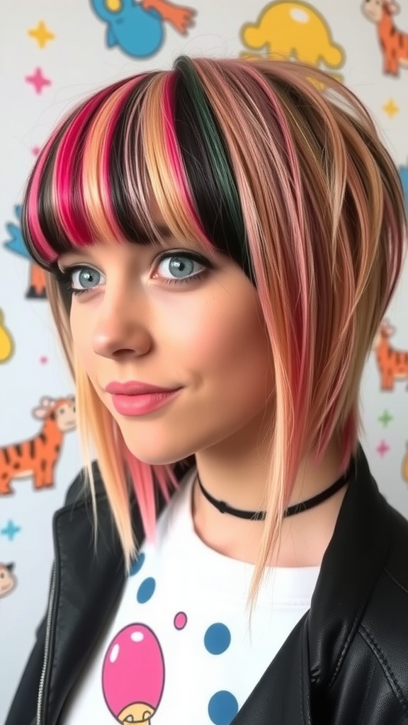 A person with a funky shag haircut featuring color-blocked bangs in vibrant hues, wearing an orange sweater against a colorful background.