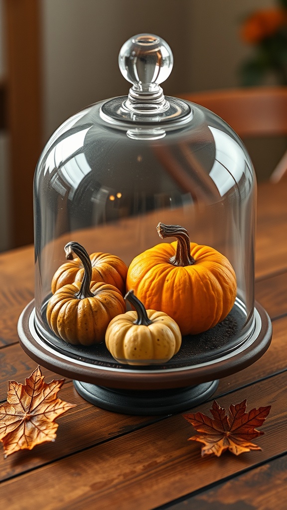 A glass cloche containing small pumpkins on a wooden table, surrounded by autumn leaves.