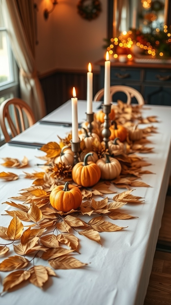 A table set for Thanksgiving featuring a golden leaf table runner, pumpkins, and candles.