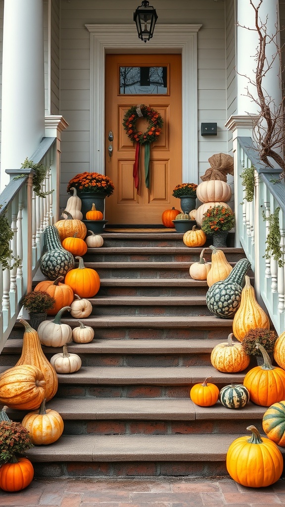 A staircase decorated with various pumpkins and gourds, along with flower pots, creating a welcoming fall entrance.