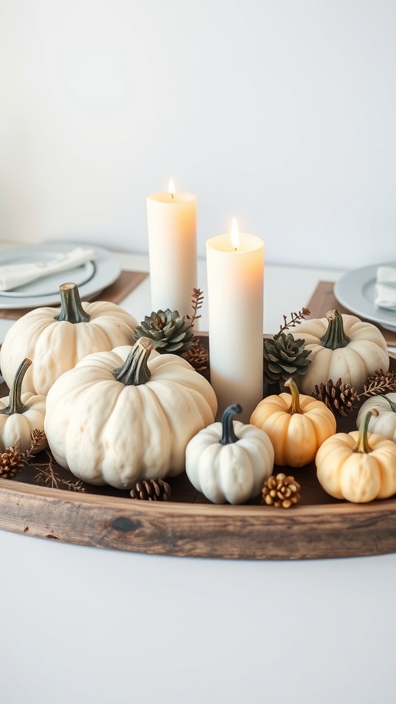 A cozy Thanksgiving centerpiece featuring white and orange pumpkins, candles, and pinecones on a wooden tray.
