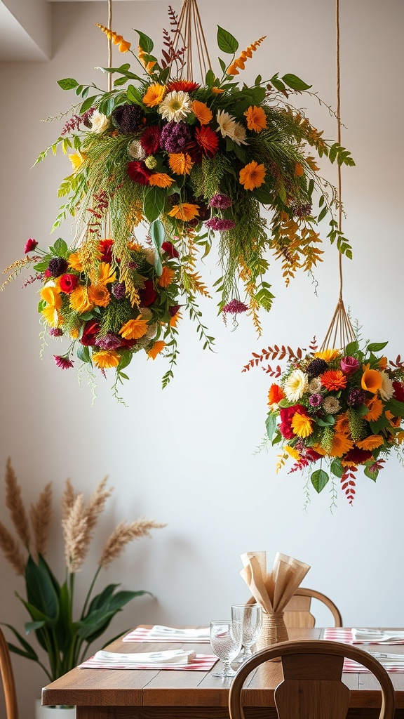 Colorful hanging floral arrangements featuring autumn flowers in warm hues, suspended above a dining table.