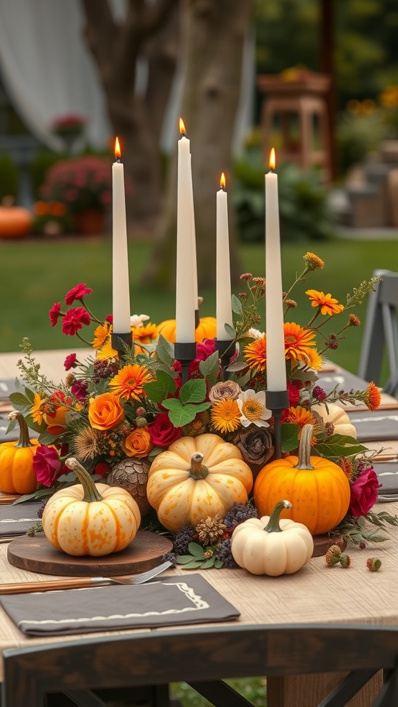 A fall-themed table centerpiece featuring pumpkins, flowers, and candles.