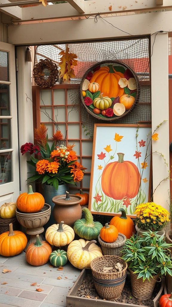 A cozy outdoor display featuring various pumpkins, colorful flowers, and a pumpkin painting, creating a warm fall atmosphere.