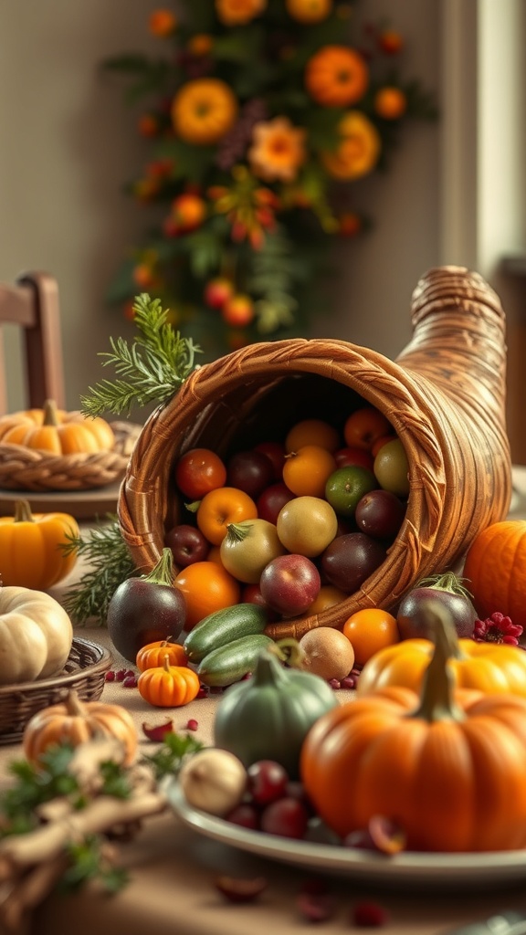 A cornucopia filled with colorful fruits and vegetables, surrounded by small pumpkins and greenery, set as a Thanksgiving centerpiece.