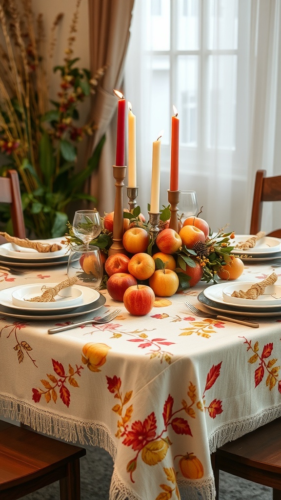 A harvest-themed tablecloth with autumn designs, featuring apples and candles as a centerpiece.